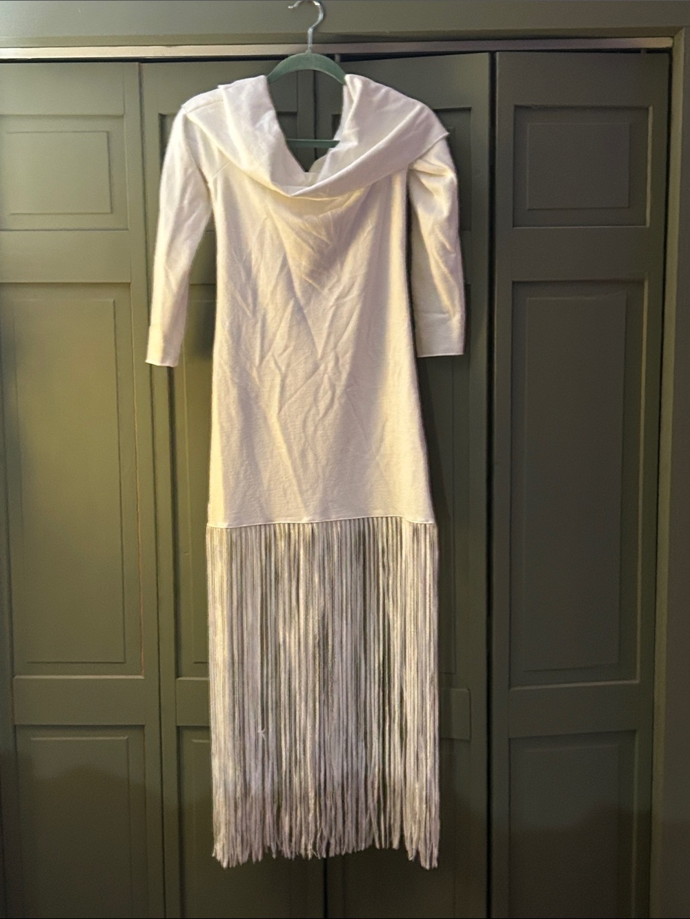 Zara Ivory Long-Sleeve Fringe Midi Dress